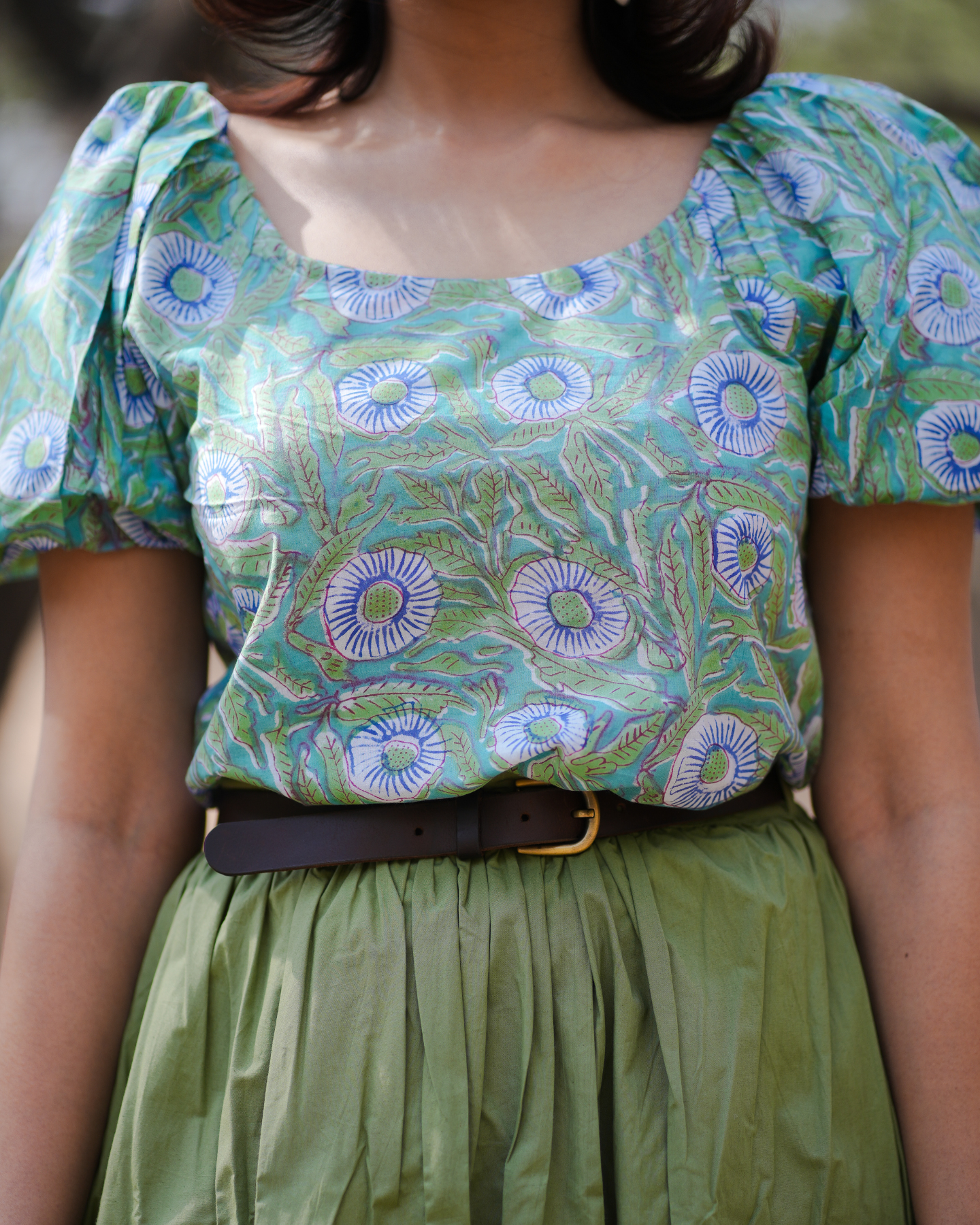 Marsilea Hand Block Printed Off Shoulder Puff Sleeves Top