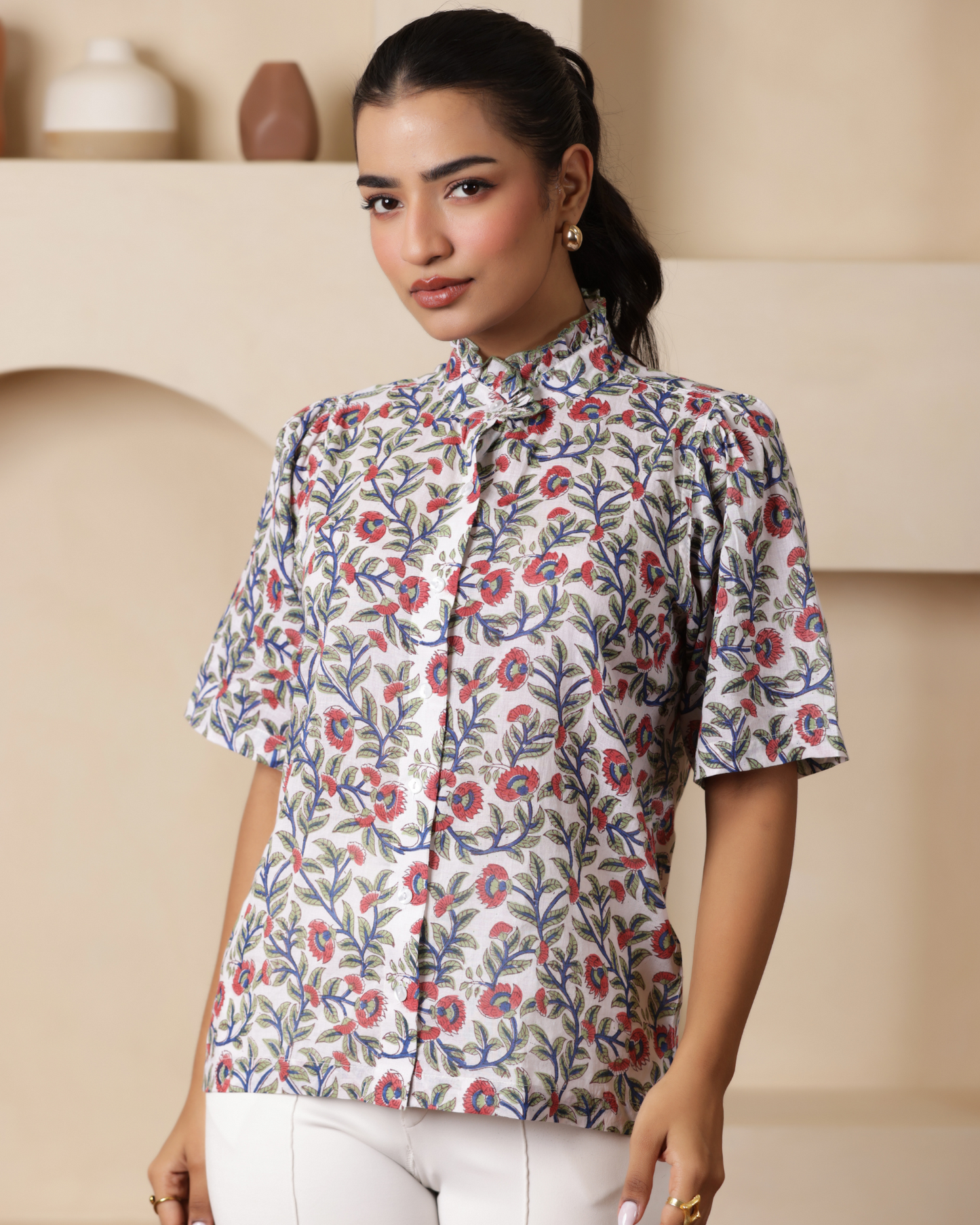 Women Hand Block Printed Half Sleeve Ruffled Collar Top