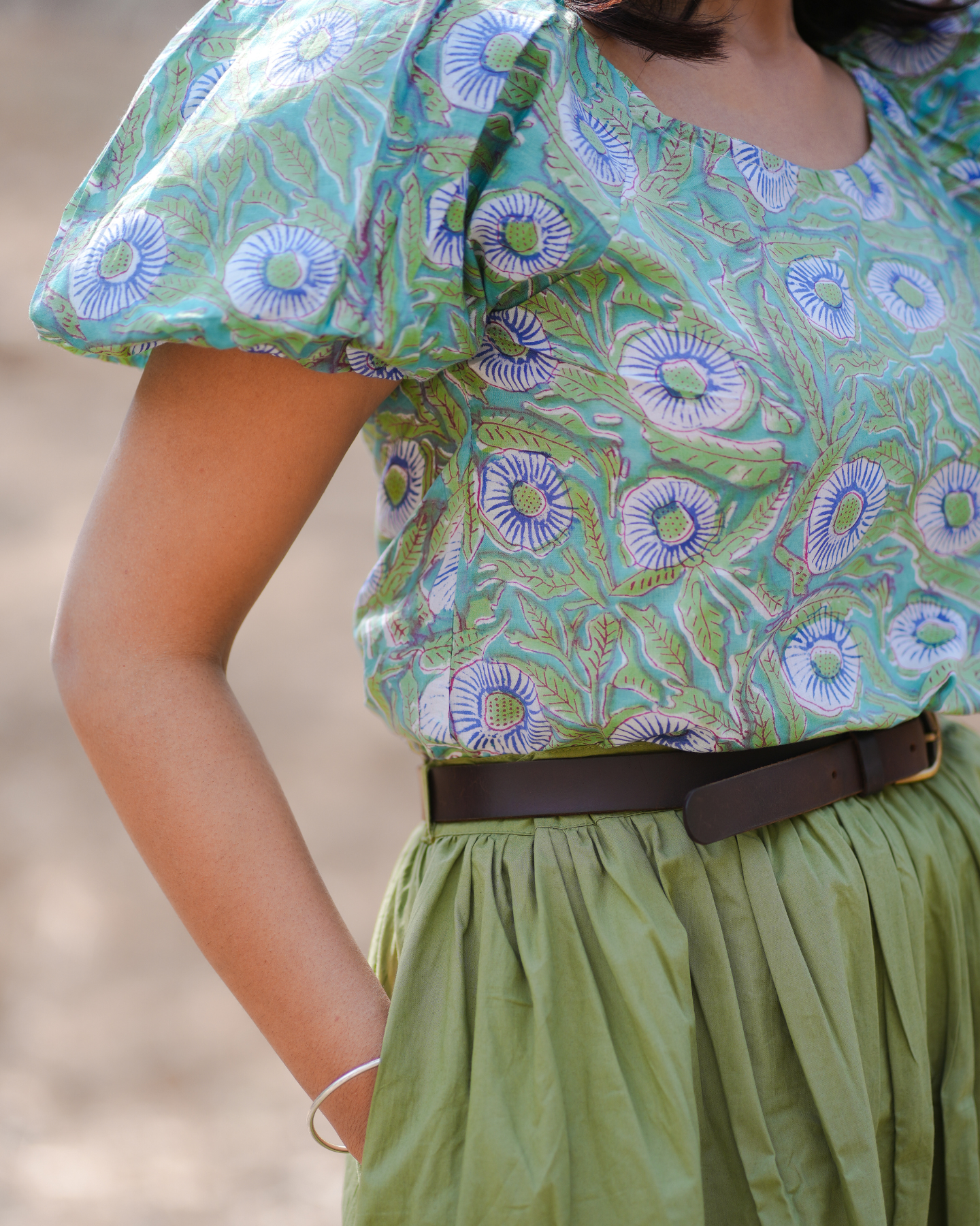 Marsilea Hand Block Printed Off Shoulder Puff Sleeves Top