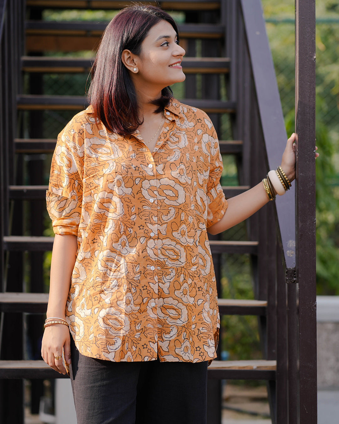 Women Hand Block Printed Full Sleeves Oversize Shirt