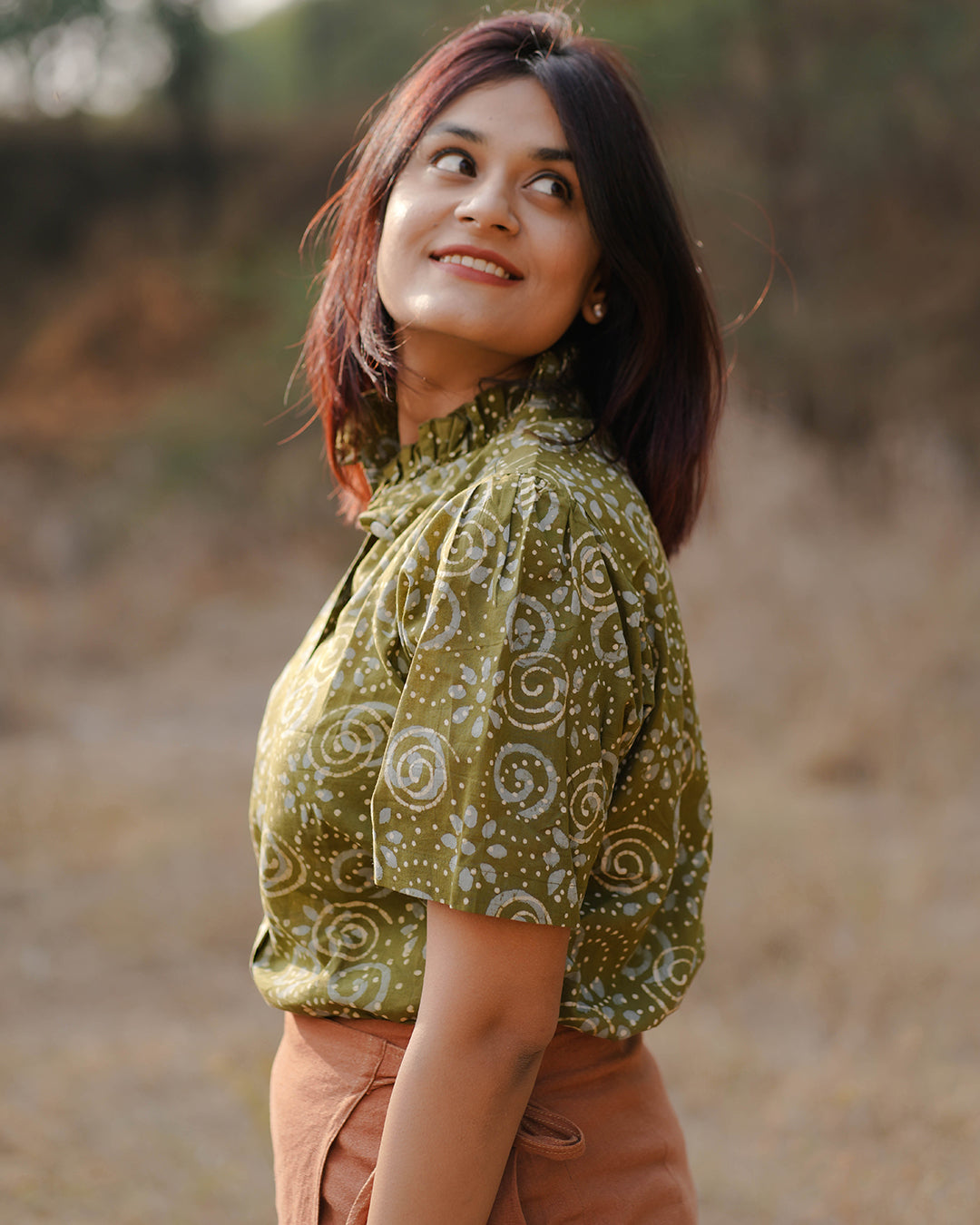 Women Hand Block Printed Half Sleeve Ruffled Collar Top