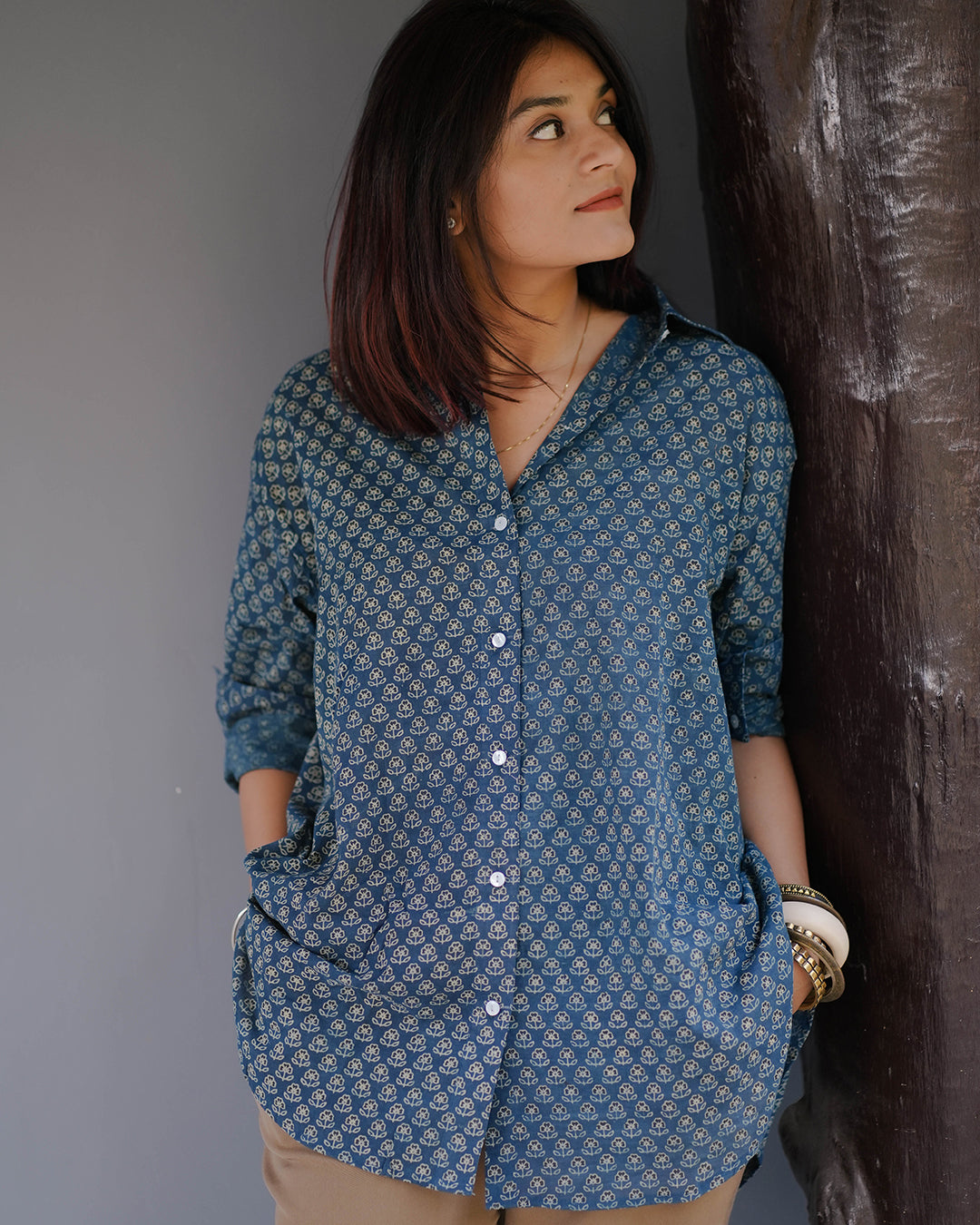 Women Hand Block Printed Full Sleeves Oversize Shirt