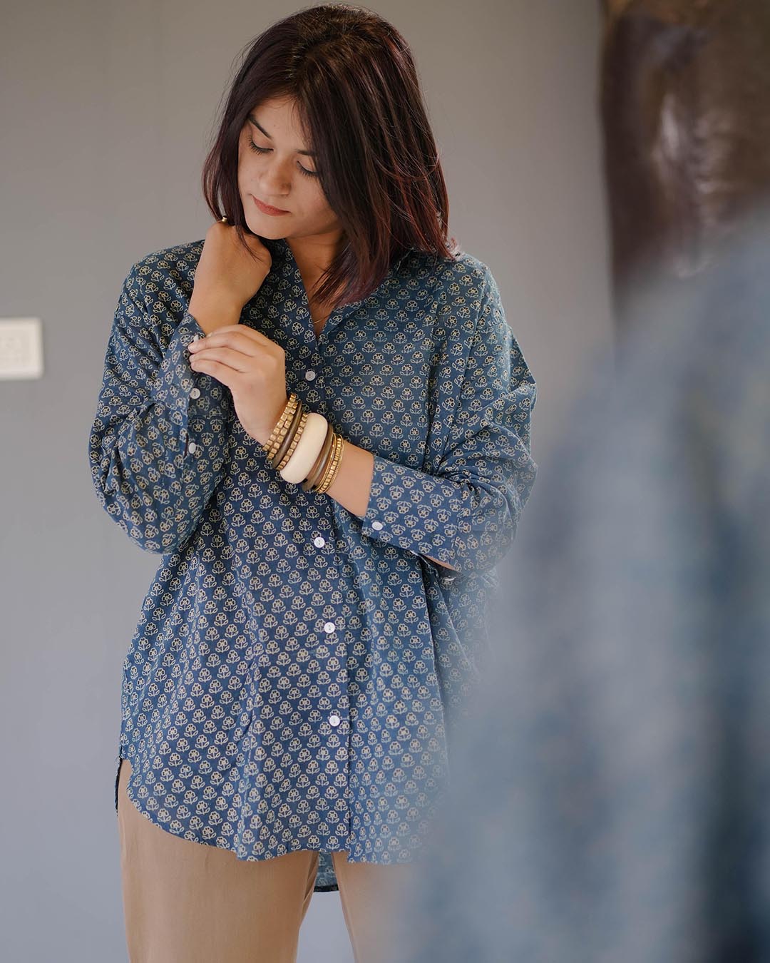 Women Hand Block Printed Full Sleeves Oversize Shirt