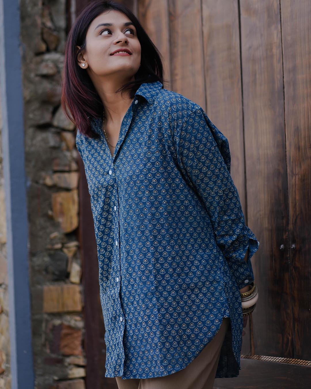 Women Hand Block Printed Full Sleeves Oversize Shirt