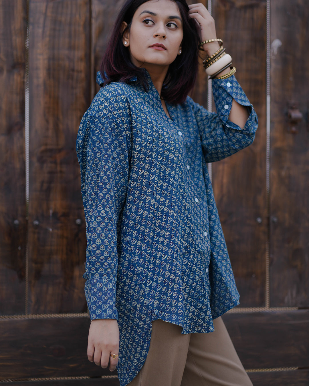 Women Hand Block Printed Full Sleeves Oversize Shirt