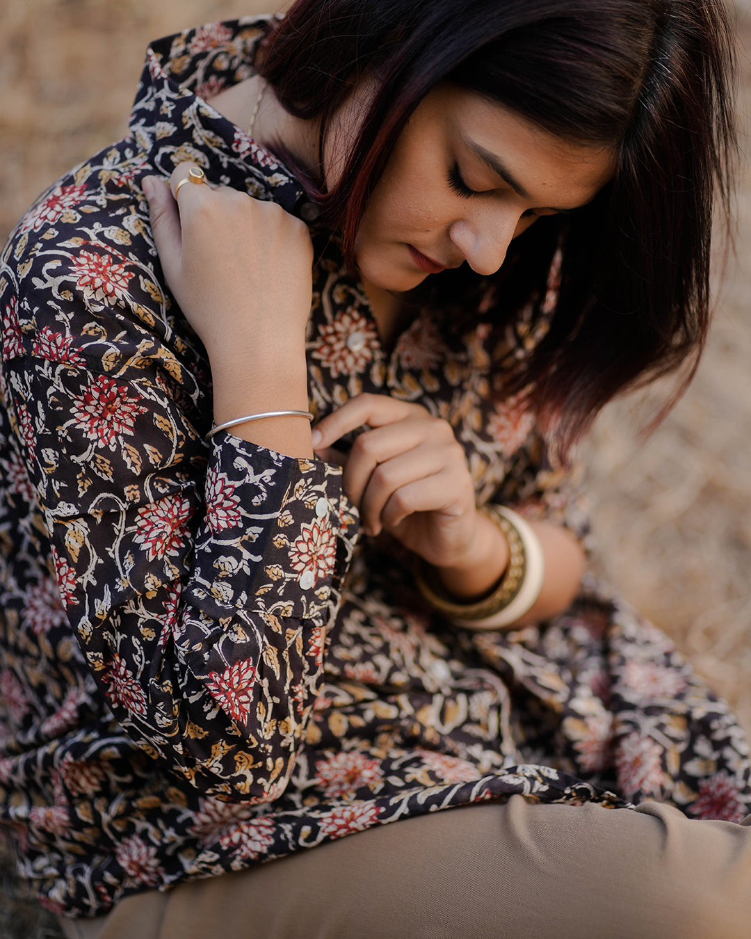 Women Hand Block Printed Full Sleeves Oversize Shirt