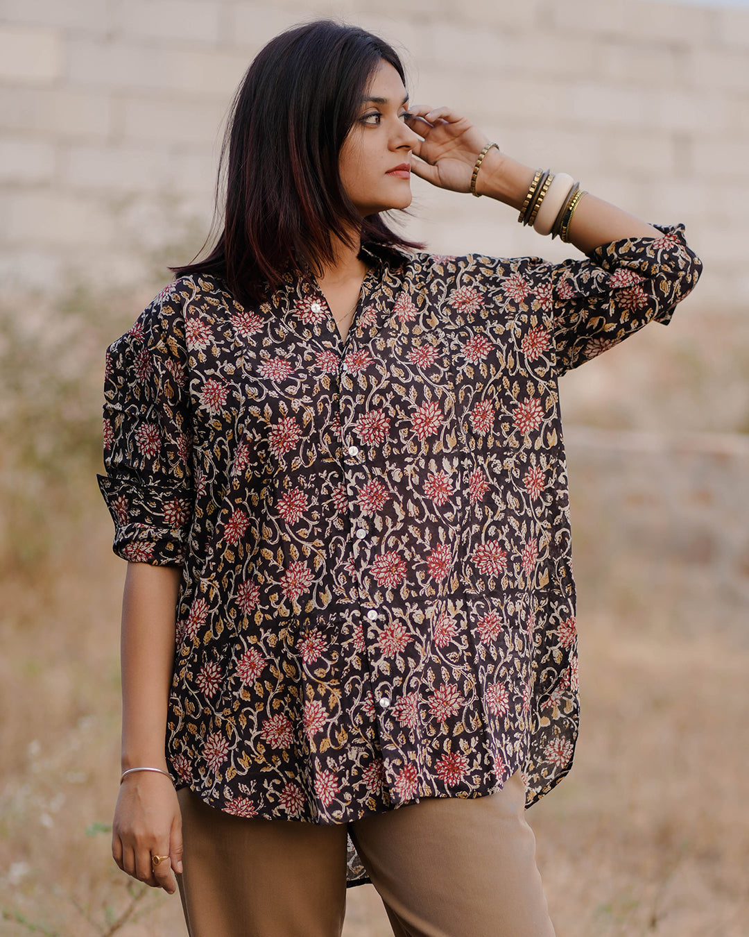 Women Hand Block Printed Full Sleeves Oversize Shirt