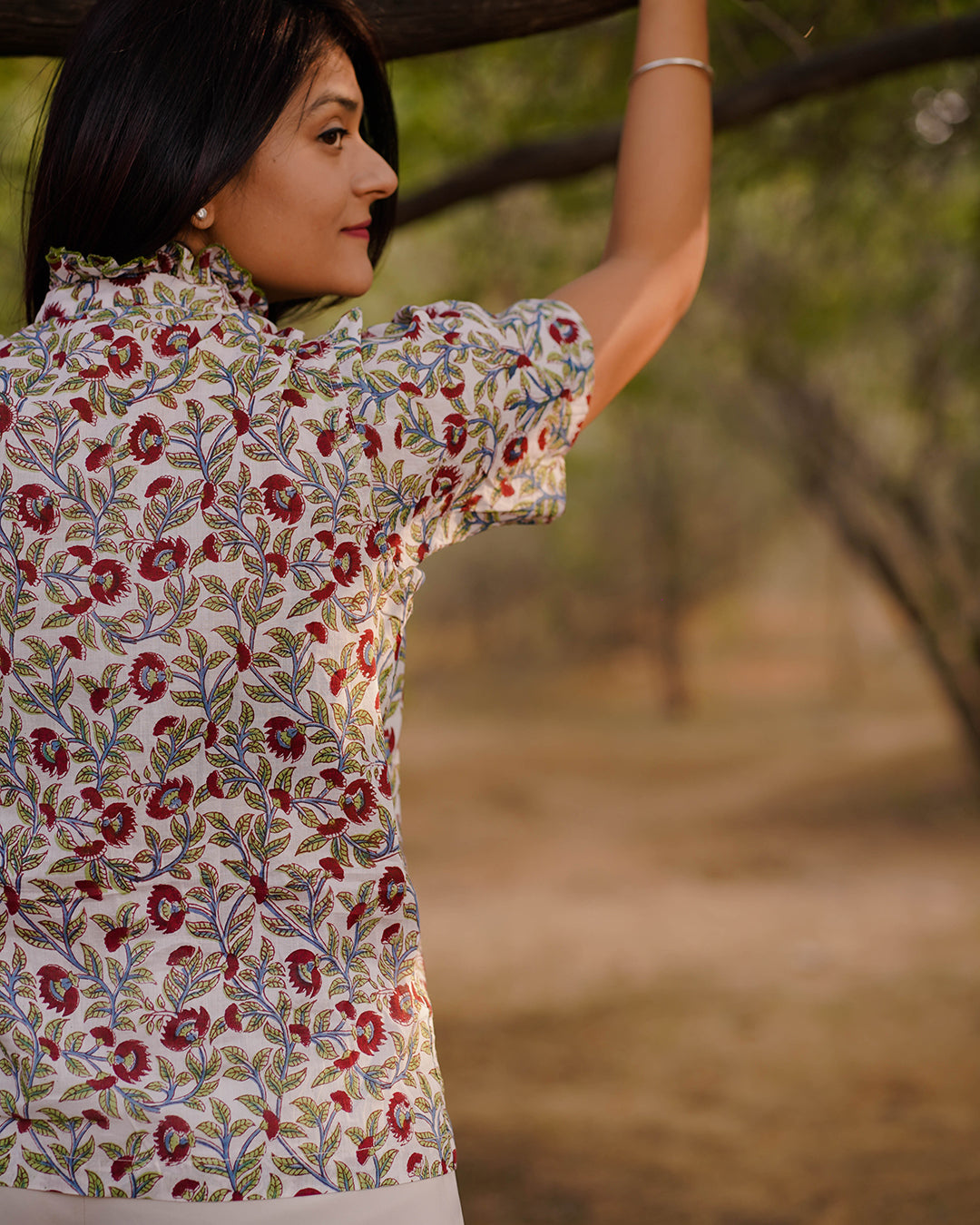 Women Hand Block Printed Half Sleeve Ruffled Collar Top