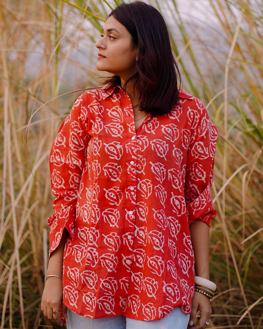 Women Hand Block Printed Full Sleeves Oversize Shirt