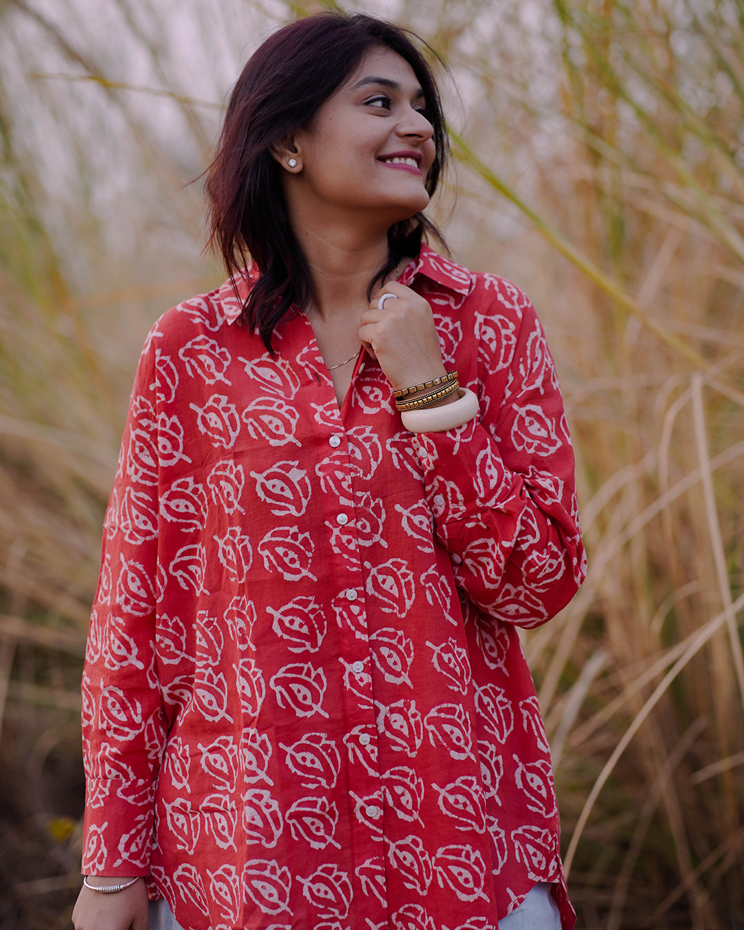 Women Hand Block Printed Full Sleeves Oversize Shirt