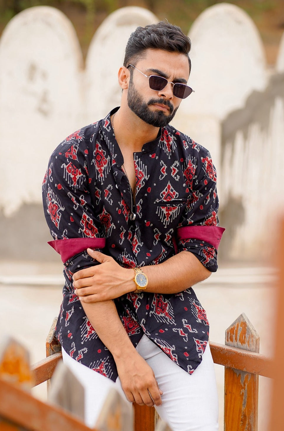 Hand Block Printed Contrast Cuff Shirt