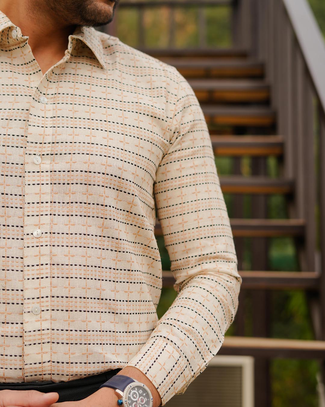 Men Full Sleeves Kantha Stitch Collared Handspun Cotton Shirt