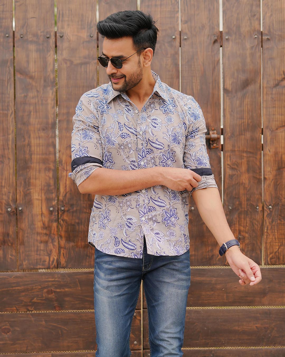 Men Full Sleeves Hand Block Printed Collar Mul Cotton Shirt