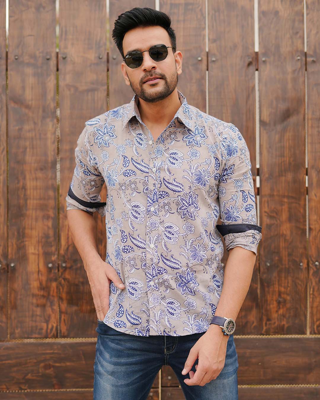 Men Full Sleeves Hand Block Printed Collar Mul Cotton Shirt