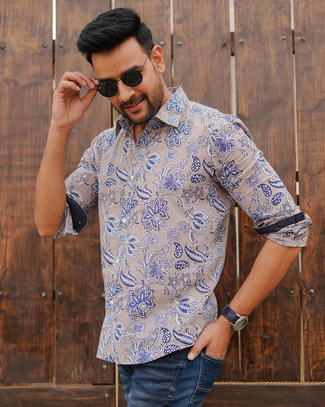 Men Full Sleeves Hand Block Printed Collar Mul Cotton Shirt