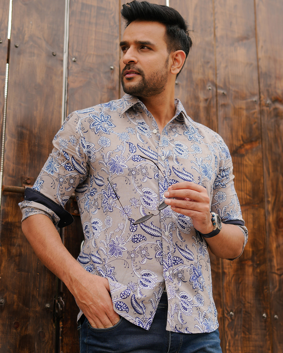 Men Full Sleeves Hand Block Printed Collar Mul Cotton Shirt