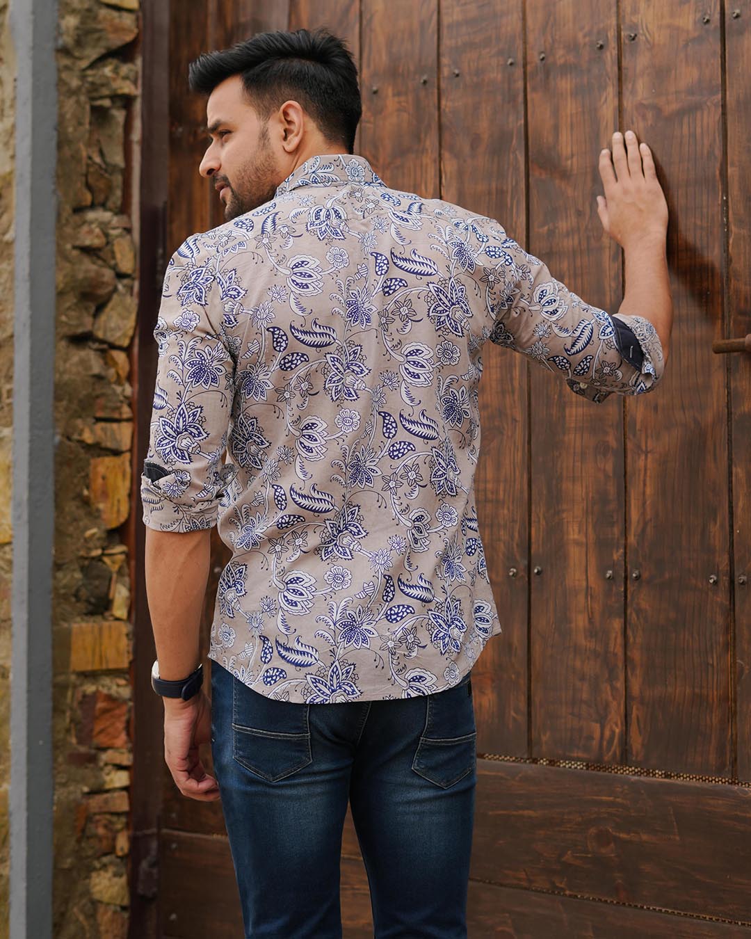 Men Full Sleeves Hand Block Printed Collar Mul Cotton Shirt