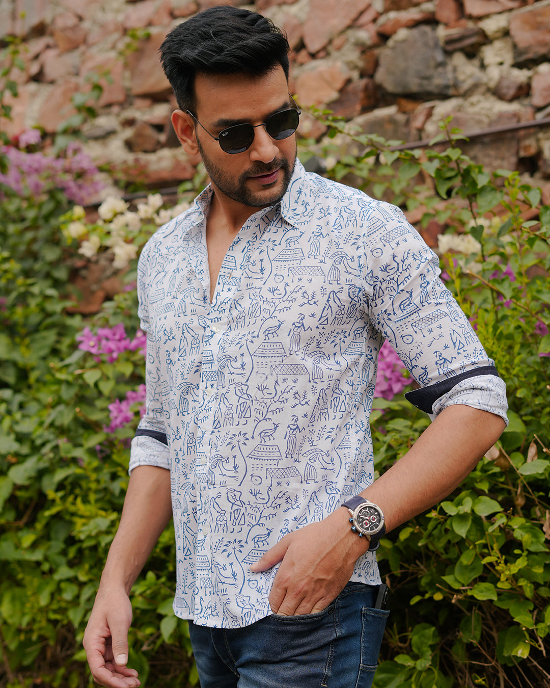 Men Full Sleeves Hand Block Printed Collar Mul Cotton Shirt