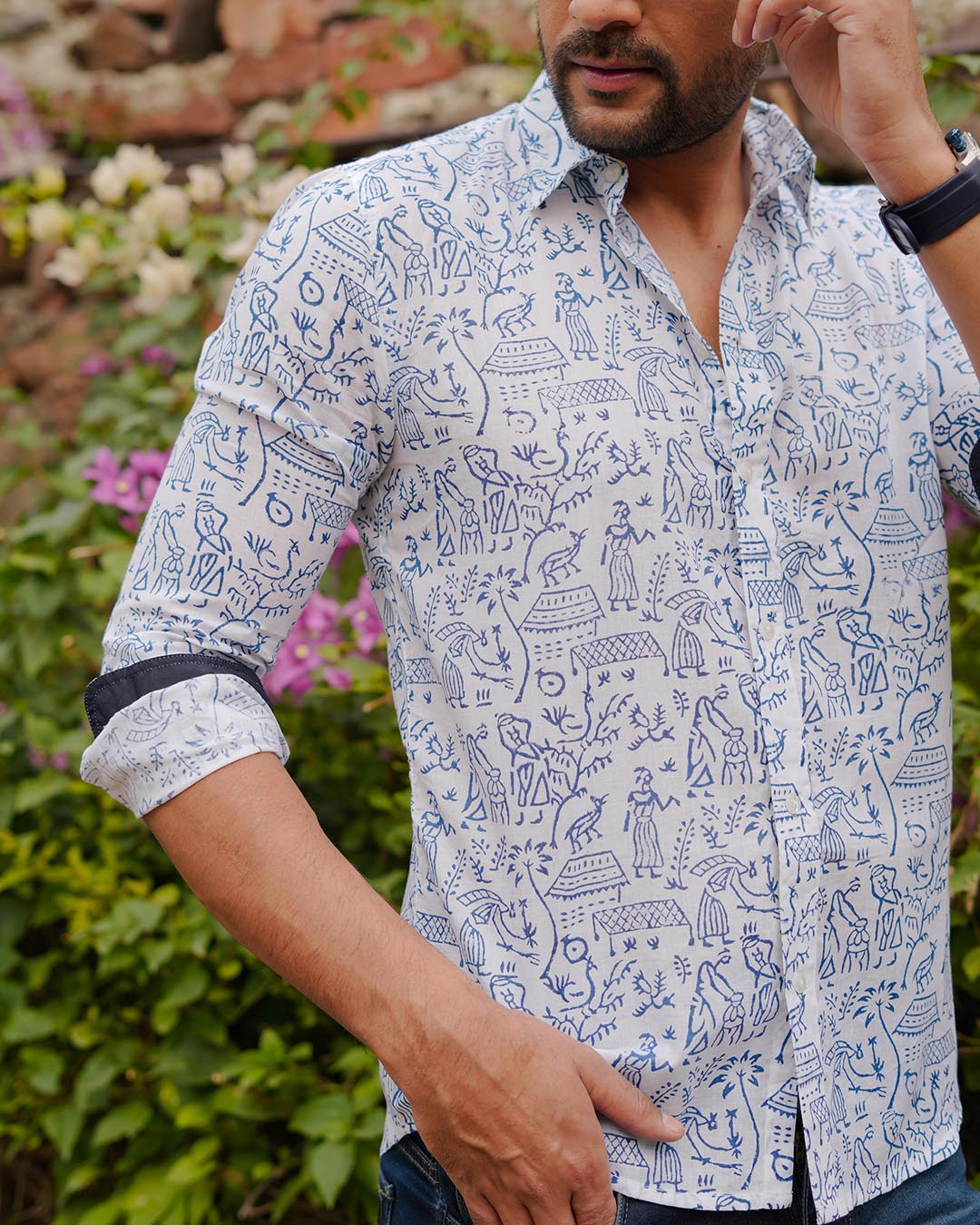 Men Full Sleeves Hand Block Printed Collar Mul Cotton Shirt