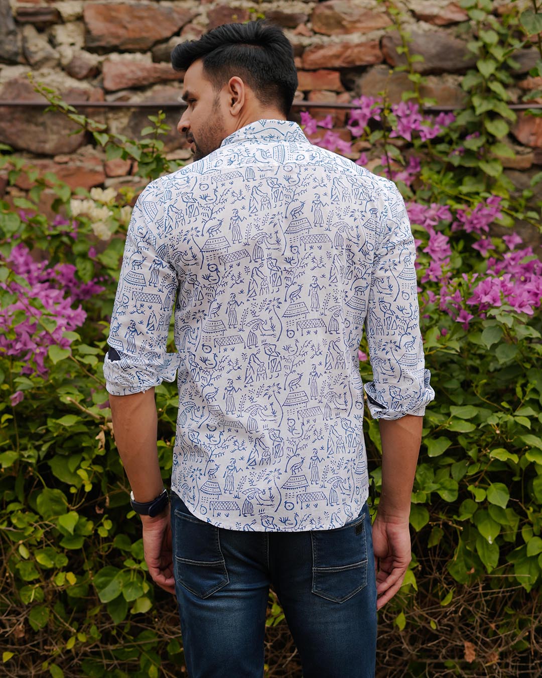 Men Full Sleeves Hand Block Printed Collar Mul Cotton Shirt