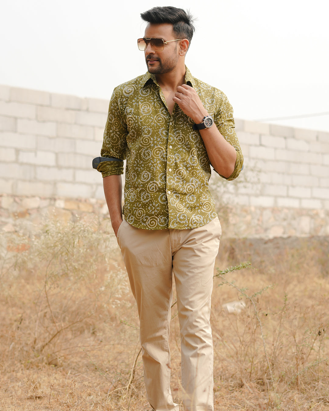 Men Full Sleeves Hand Block Printed Collar Mul Cotton Shirt