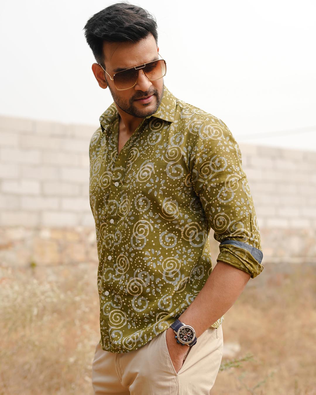 Men Full Sleeves Hand Block Printed Collar Mul Cotton Shirt