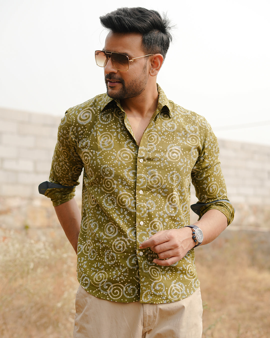 Men Full Sleeves Hand Block Printed Collar Mul Cotton Shirt