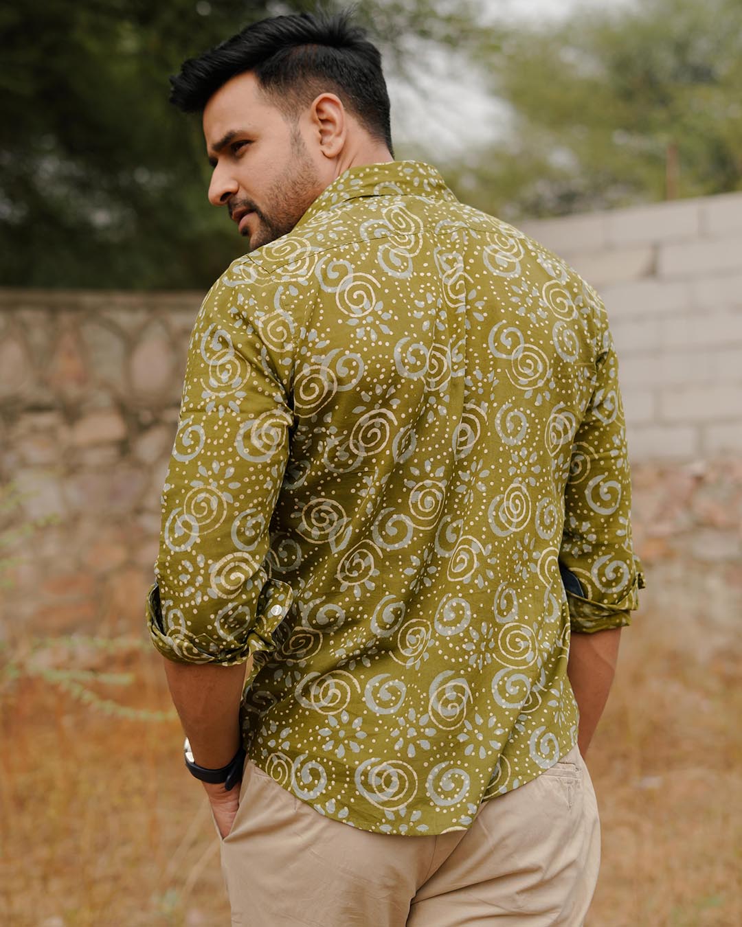 Men Full Sleeves Hand Block Printed Collar Mul Cotton Shirt