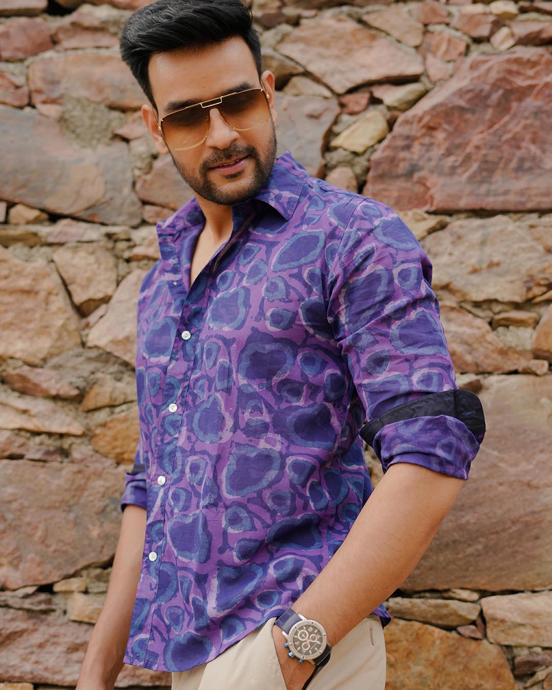 Men Full Sleeves Hand Block Printed Collar Mul Cotton Shirt