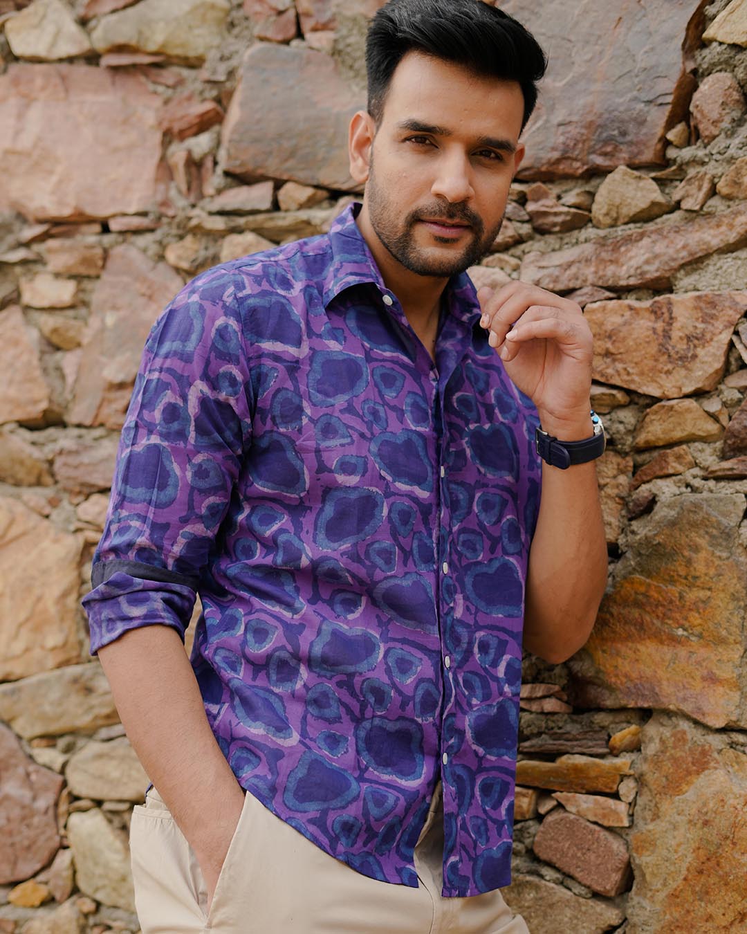 Men Full Sleeves Hand Block Printed Collar Mul Cotton Shirt