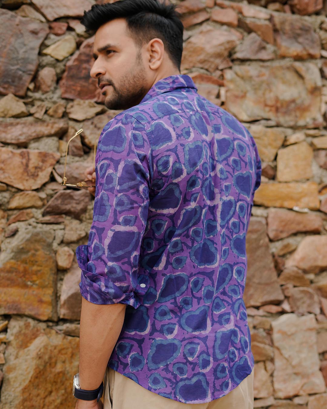 Men Full Sleeves Hand Block Printed Collar Mul Cotton Shirt