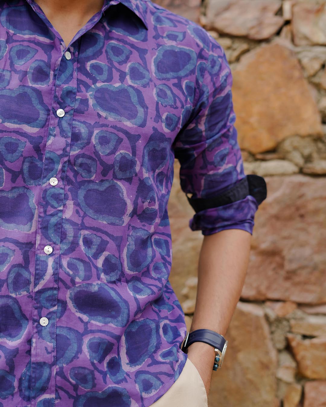 Men Full Sleeves Hand Block Printed Collar Mul Cotton Shirt