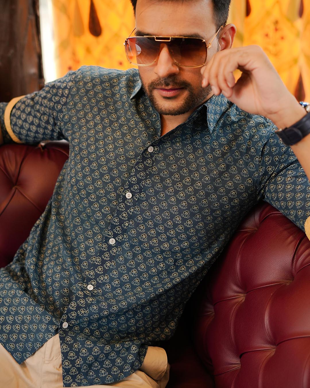 Men Full Sleeves Hand Block Printed Collar Mul Cotton Shirt