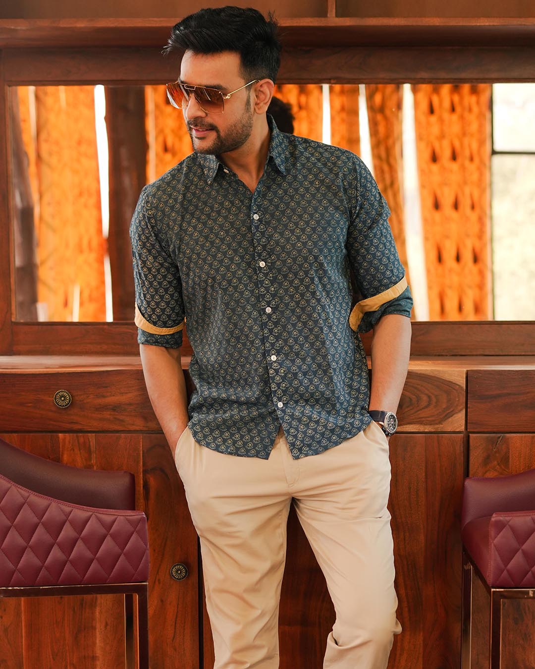 Men Full Sleeves Hand Block Printed Collar Mul Cotton Shirt