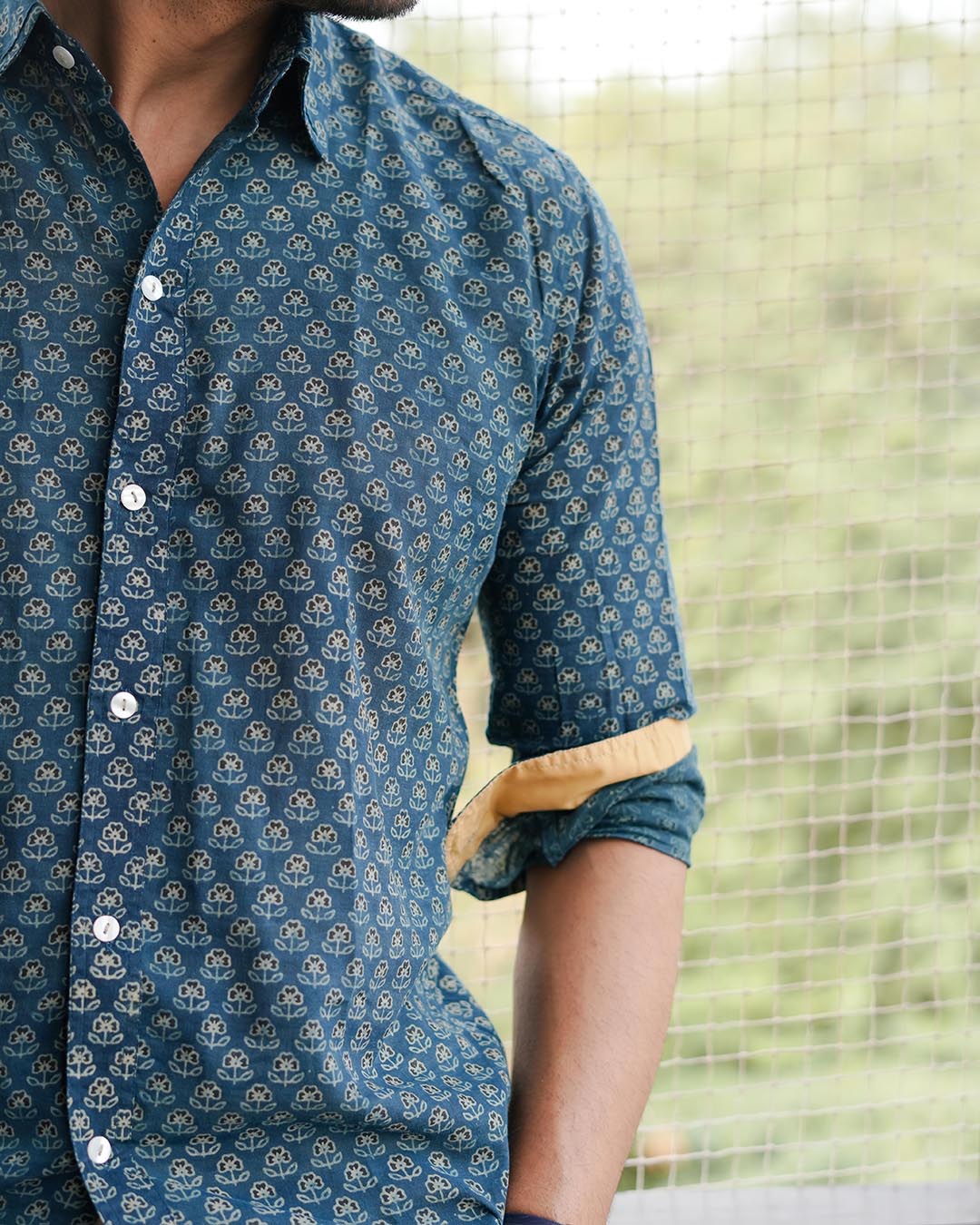 Men Full Sleeves Hand Block Printed Collar Mul Cotton Shirt