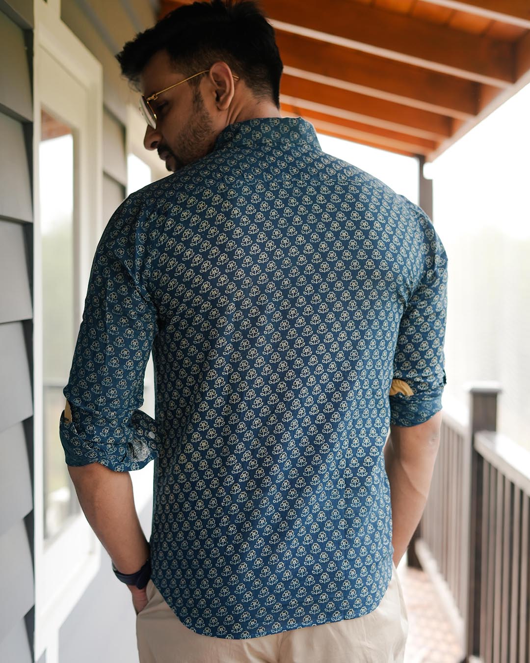 Men Full Sleeves Hand Block Printed Collar Mul Cotton Shirt